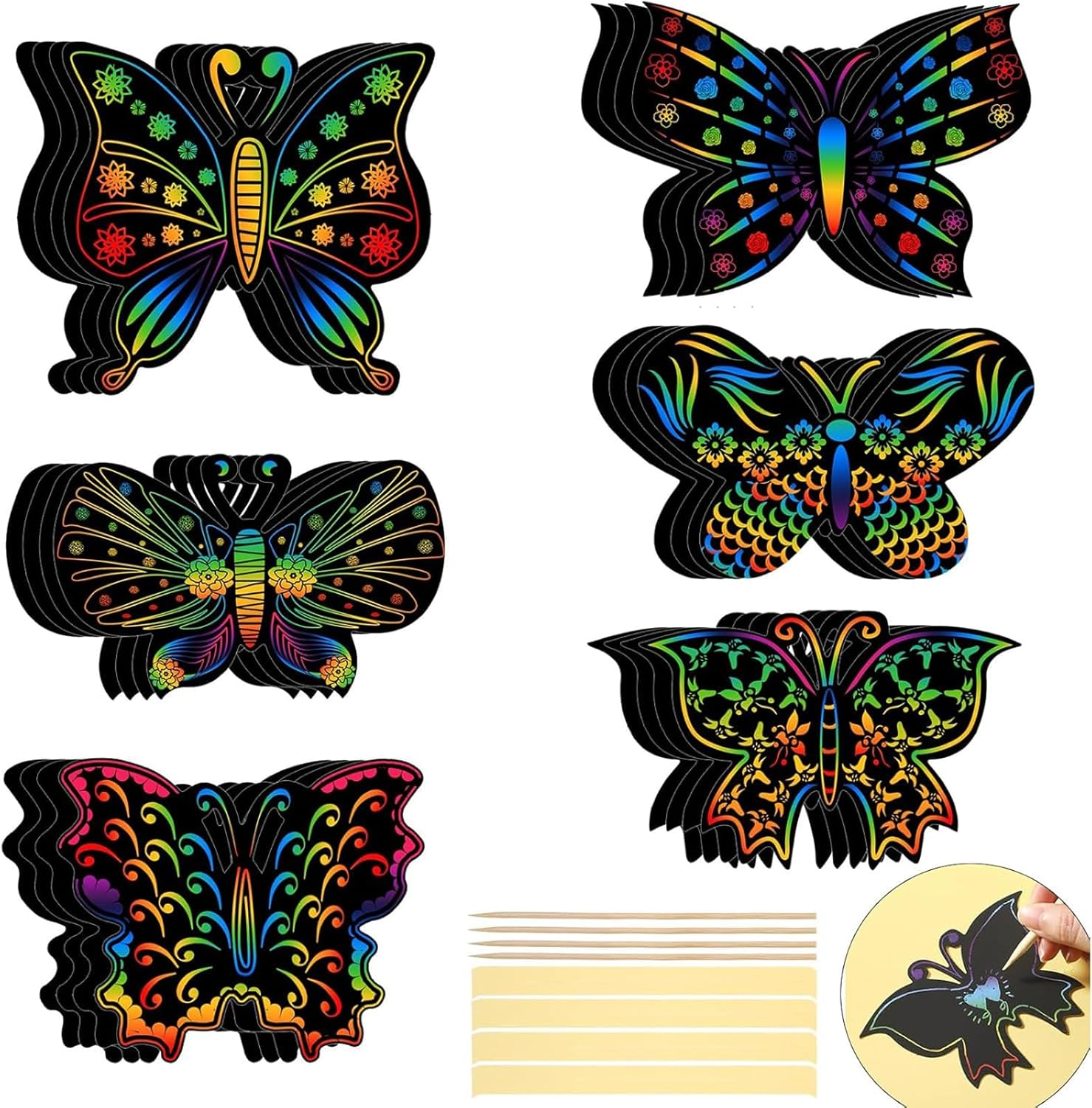 24Pcs Butterfly Scratch Cards for Kids, Rainbow Engraving Painting Scratch Board Crafts Art Card, Butterfly Party Favors for DIY Crafts Home Decoration Project Birthday Gift(6 Styles)