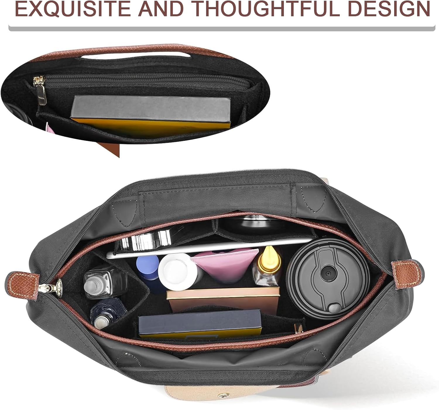 DOIAPUOS Felt Purse Organizer Insert for Longchamp Le Pliage M Bag Handbag Leather Edge Longchamp Organizer Insert (Black, Medium)