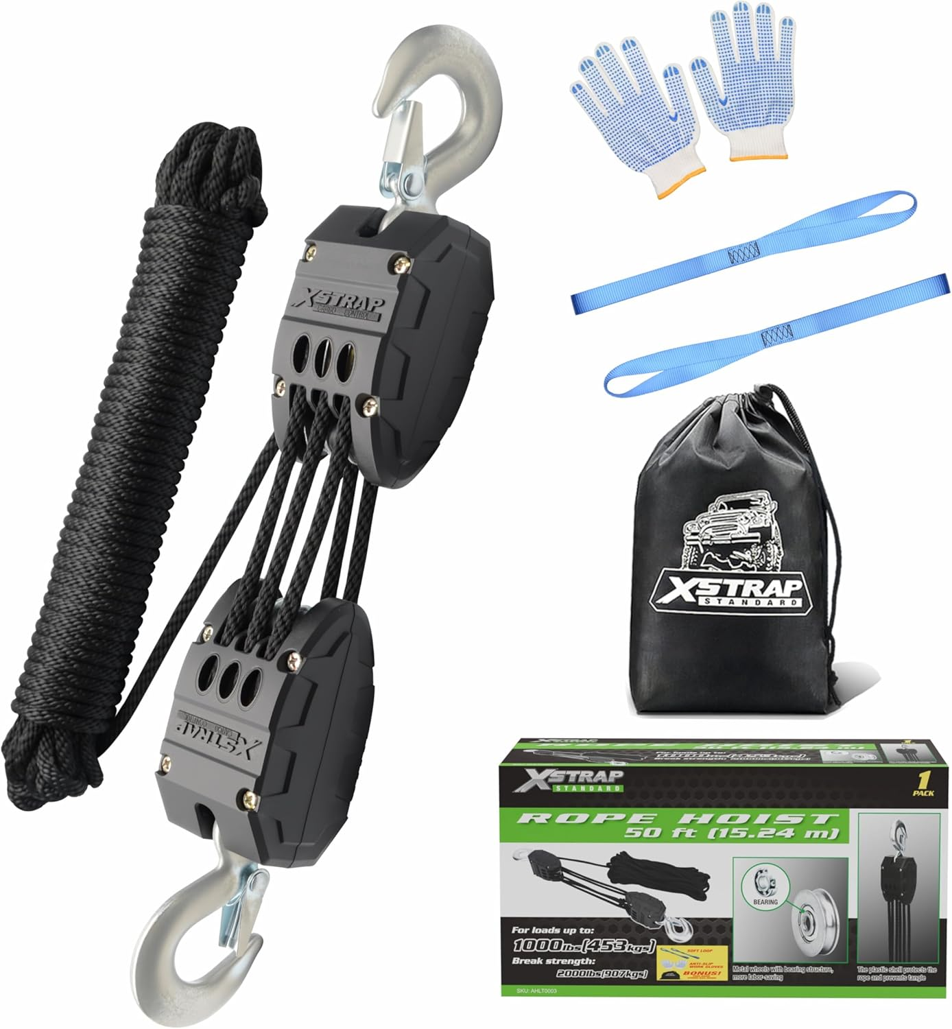 XSTRAP Standard Heavy-Duty 2,000LB Reflective Rope Hoist Pulley 50 Feet Wheel Block and Tackle System with 2PK 18 Inch Soft Loops for Animal Husbandry, Garage, Warehouse, Constructions