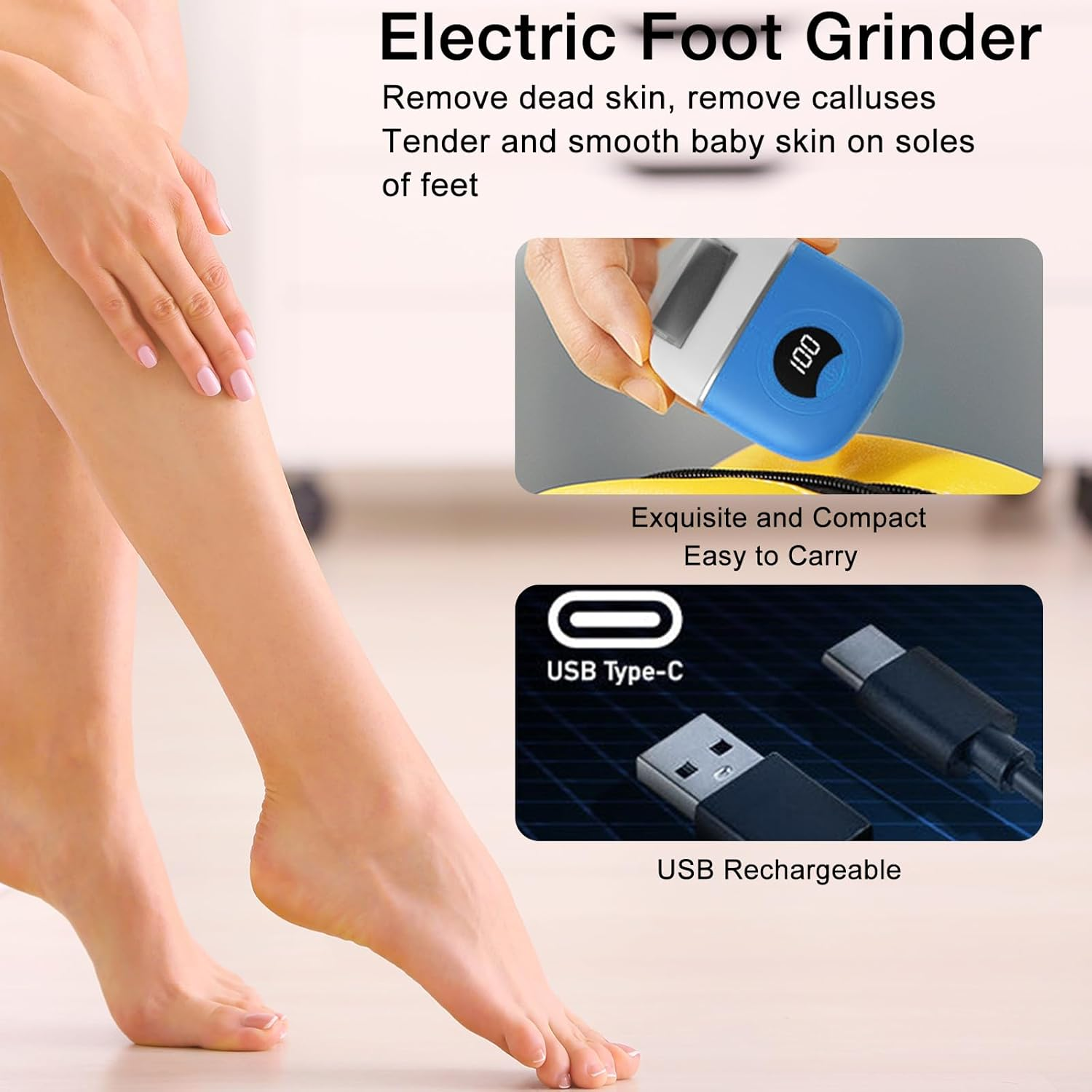 Electric Foot Callus Remover, 2024 New USB Rechargeable Foot Repair and Grinding Device, Heel Polisher Digital Display, Electric Foot Exfoliating Scrubber with 3 Grinding Heads 2 Speeds (Blue) image number 4