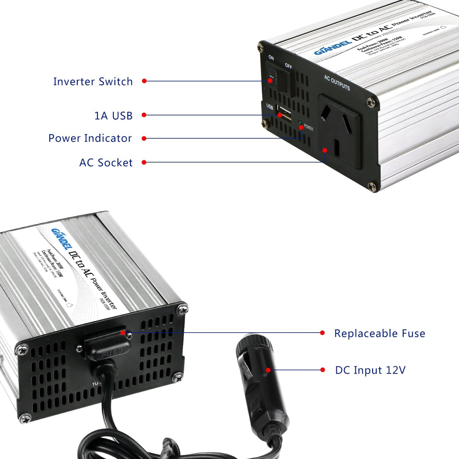 150W Power Inverter Modified Sine Wave DC 12V-AC 240V Converter Adapter with 1A USB Port Giandel