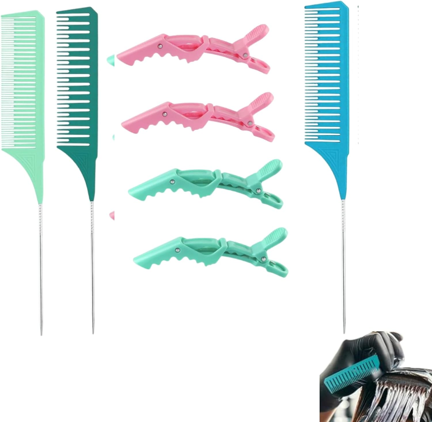 CKONXE 7Pcs Premium Highlighting Tail Combs Set,With Pastel Alligator Clips,Weaving Styling with Rat Tail Comb Teasing Foiling Combs Heat Resistant for Hair Salon Barbershop Home,Fine-Toothed Comb image number 2