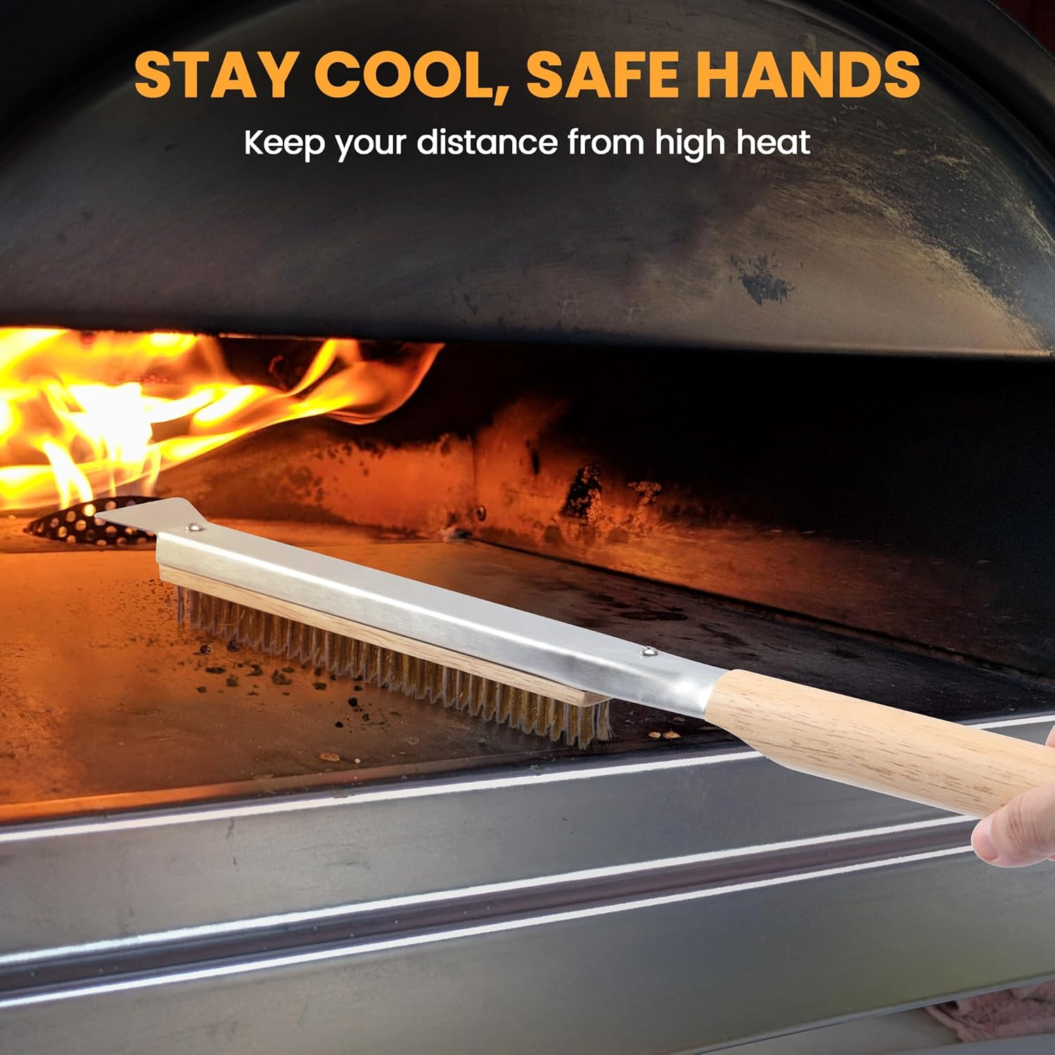 21'' Pizza Oven Brush with Stainless Steel Stone Scraper - Brass Bristles - Wood Handle - Hanging Ring - Outdoor Pizza Oven Accessories - Compatible with Ooni, Gozney, Blackstone, Solo Stove Ovens image number 4