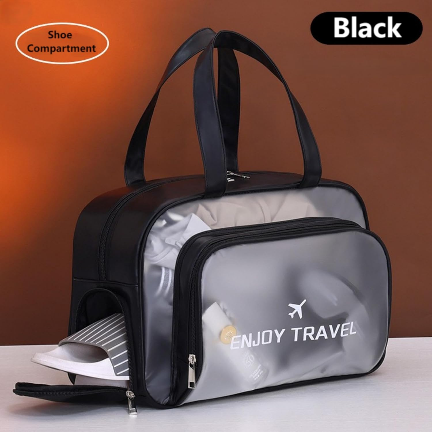 Clear Toiletry Bag - Large Waterproof Transparent Makeup & Wash Bag with Shoe Compartment & Wet Pocket | Travel Organiser for Aussie Holidays, Beach & Gym（Black） image number 4