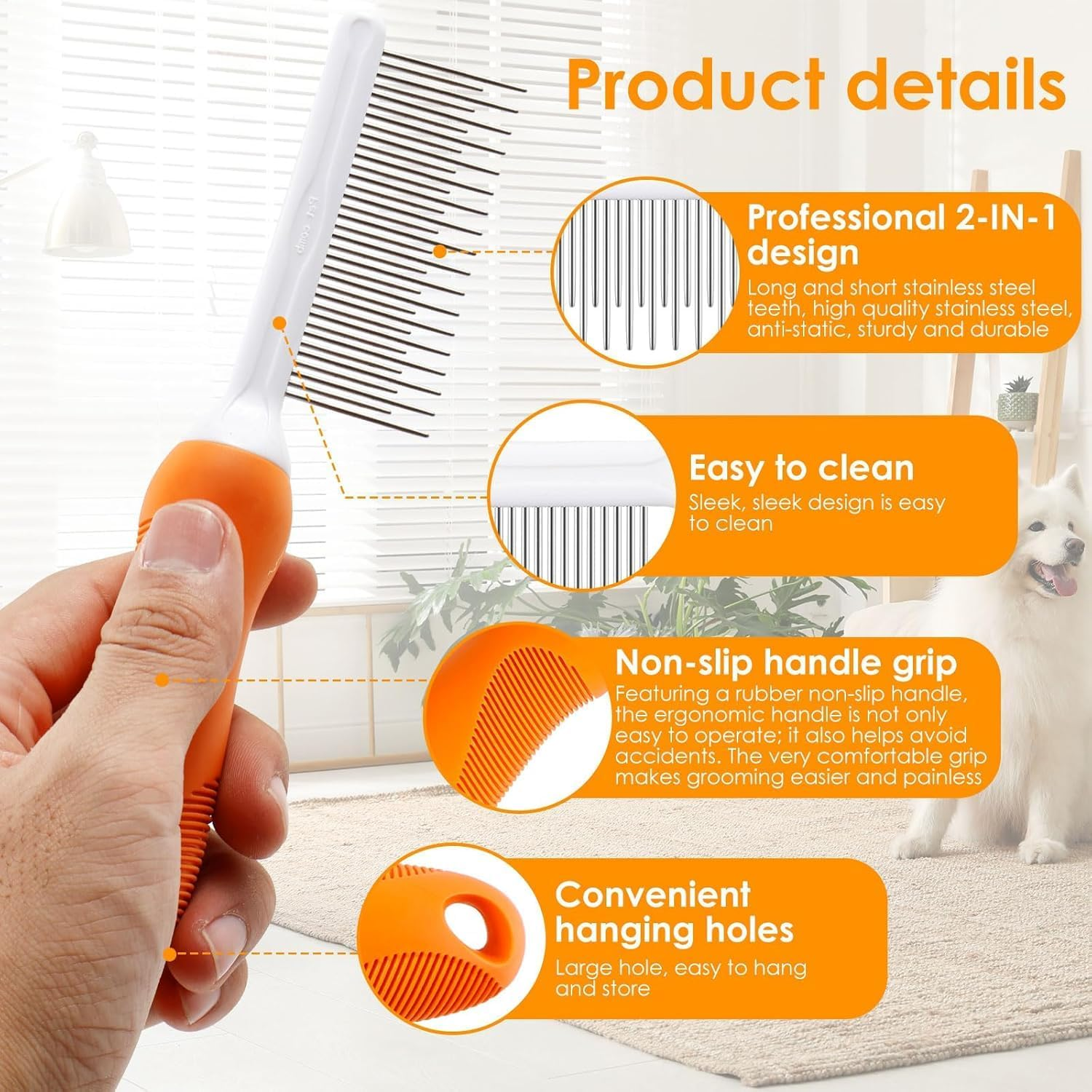 Pet Dematting Comb Dog Knotting Comb, 2Pcs Stainless Steel Pet Safe Dematting Comb Cat Comb Brush Pet Hair Comb Steel Pet Comb Pet Hair Removal Comb,Pet Grooming Comb Remove Knot Pet Dematting Comb image number 6