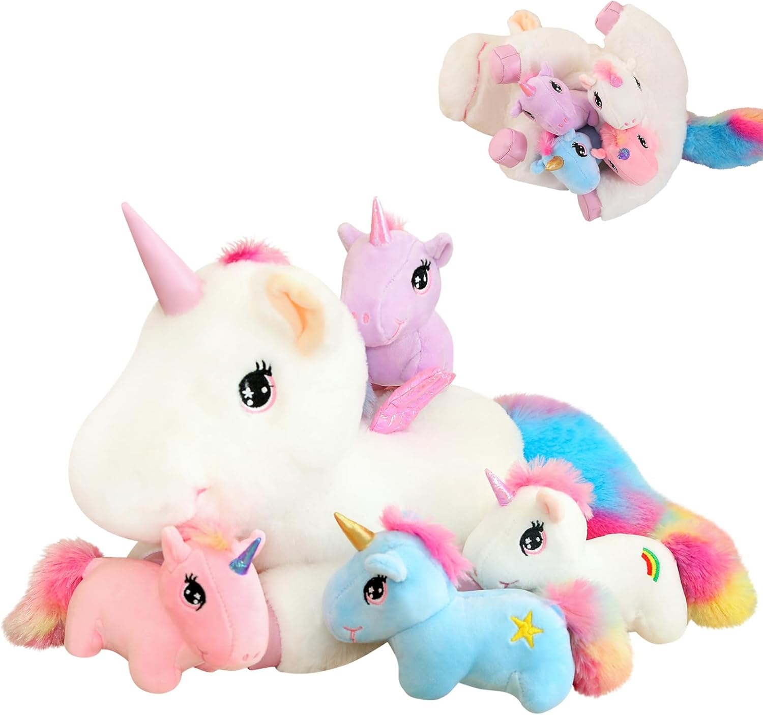 SQEQE Stuffed Animals Cute Unicorn with 4 Babies in Tummy, Rainbow Flying Unicorns Plush Pillow Toys with Wings, Christmas & Birthday Present for Kids