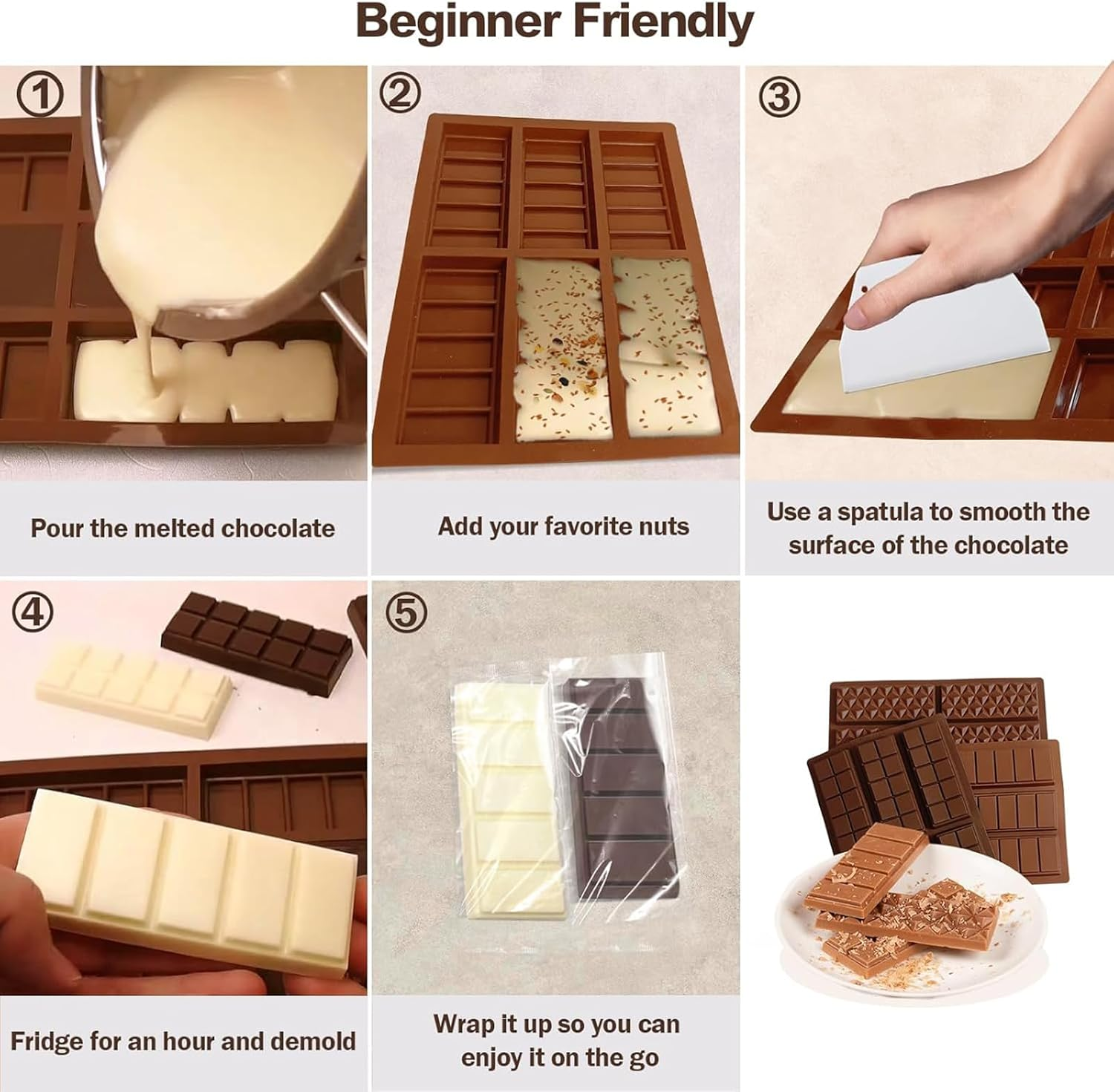 Chocolate Bar Mold,Non-Stick Silicone Chocolate Candy Molds,For Filling Pistachio Chocolate Bar,With Bags Scraper and 100Pcs Storage Bags image number 3