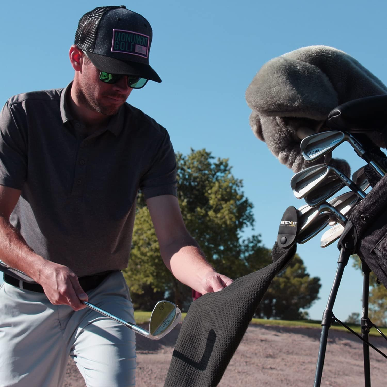 STICKIT Magnetic Golf Towel, Black | Top-Tier Microfiber Golf Towel with Deep Waffle Pockets | Industrial Strength Magnet for Strong Hold to Golf Carts or Clubs image number 2