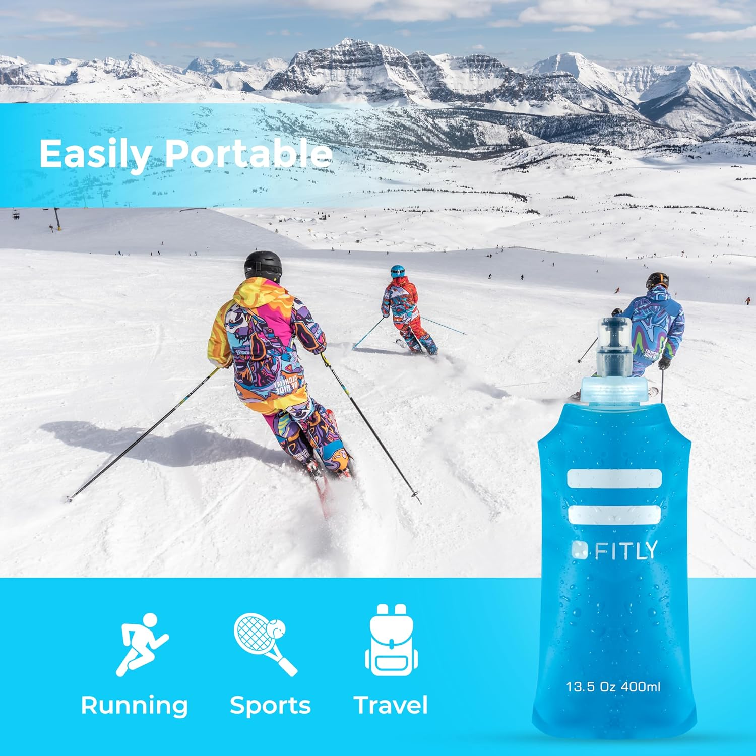 FITLY Soft Flask 3 Pack - 5Oz/150Ml, 8.5Oz/250Ml, & 13.5Oz/400Ml - Shrink as You Drink, BPA & Pvc-Free, Collapsible, Reusable, Perfect for Running, Hiking, Climbing - Blue image number 3