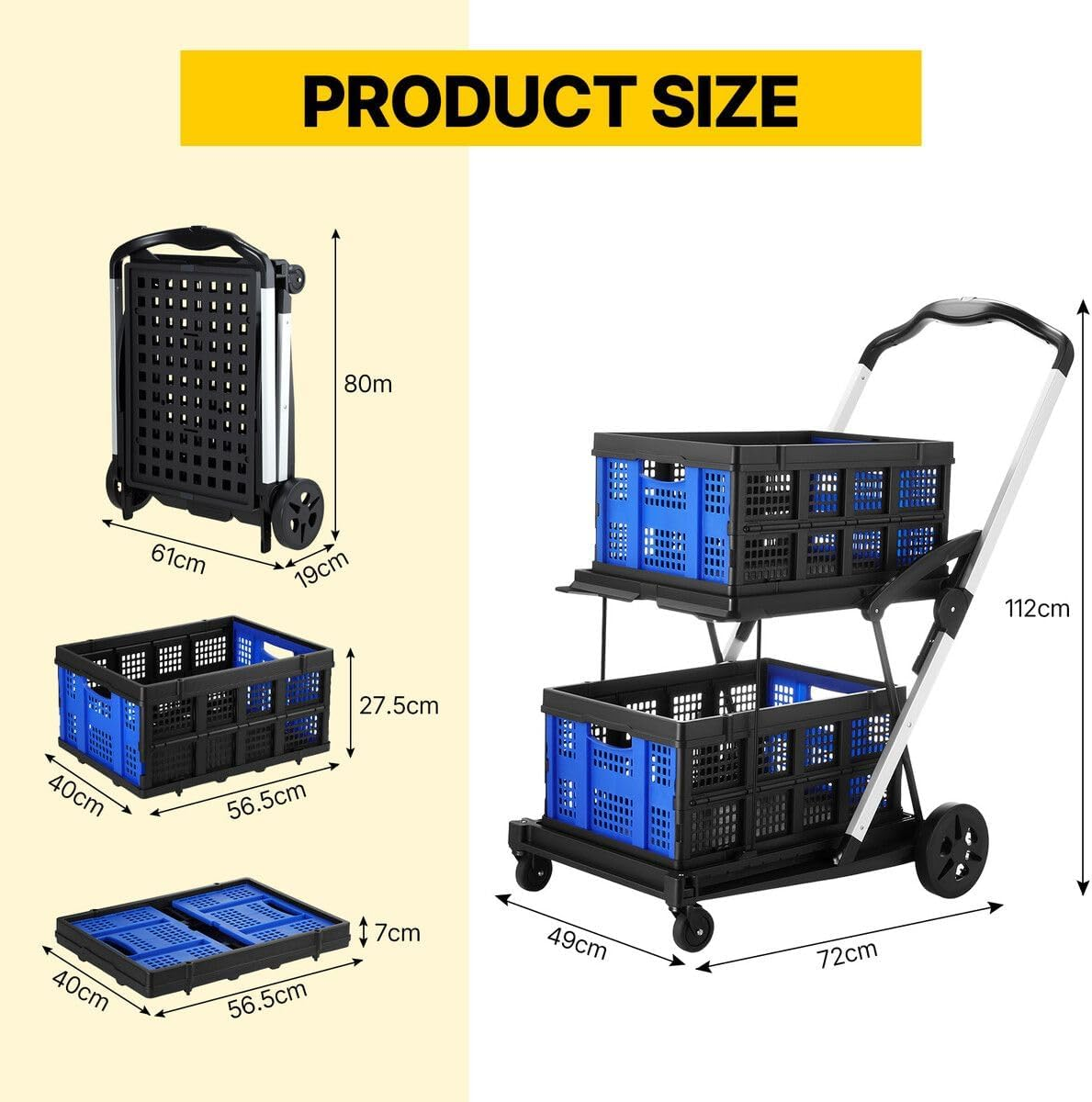 Shopping Cart with 2 Storage Crates Multi Use Two Tier Collapsible Cart with 360&deg; Rolling Swivel Wheels Folding Trolley for Shopping Picnic and Office image number 6