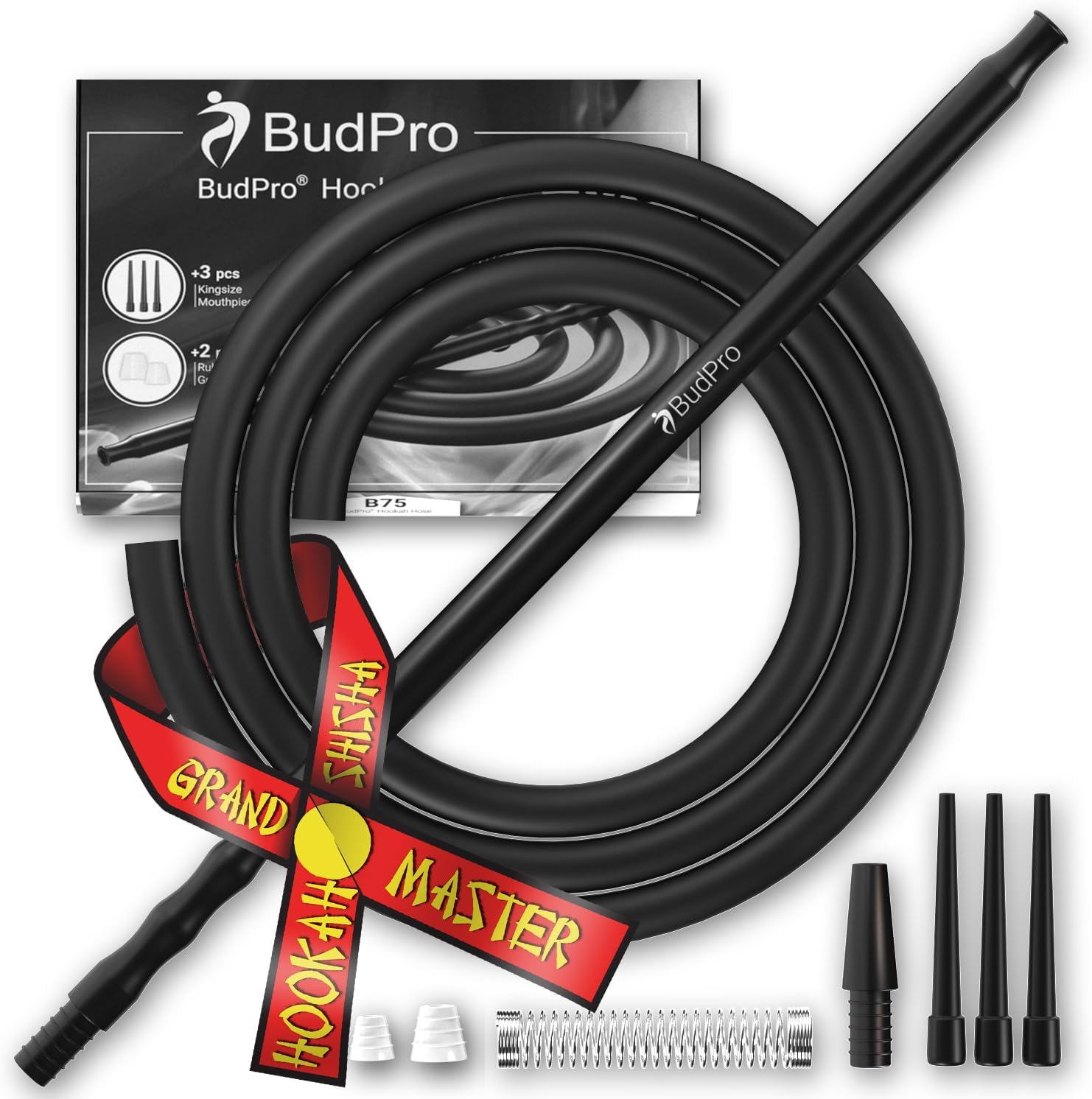 Budpro Long Silicone Hookah Hose B75 190Cm with Aluminum Handle and Spring to Prevent Hookah Hose Flexion