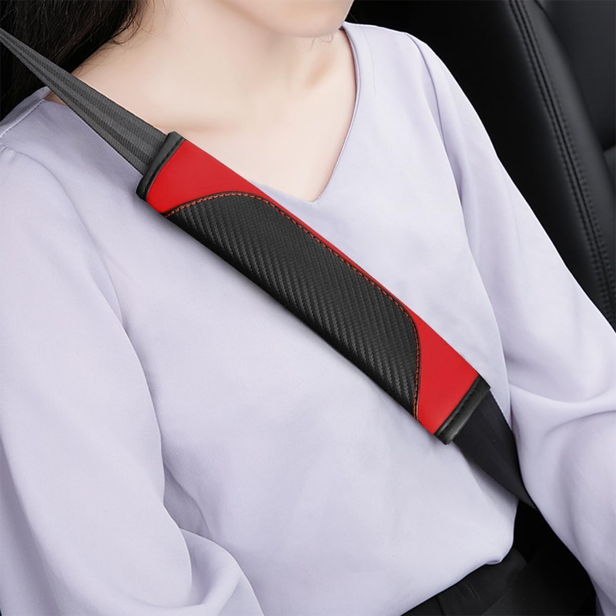 2PCS Car Seat Belt Cover, Carbon Fiber Seatbelt Shoulder Protection, Soft Car Seat Belt Strap Cushion Protect Your Neck and Shoulder, Car Accessories Seat Belt Pad for Car Truck (Red, One Size) image number 2