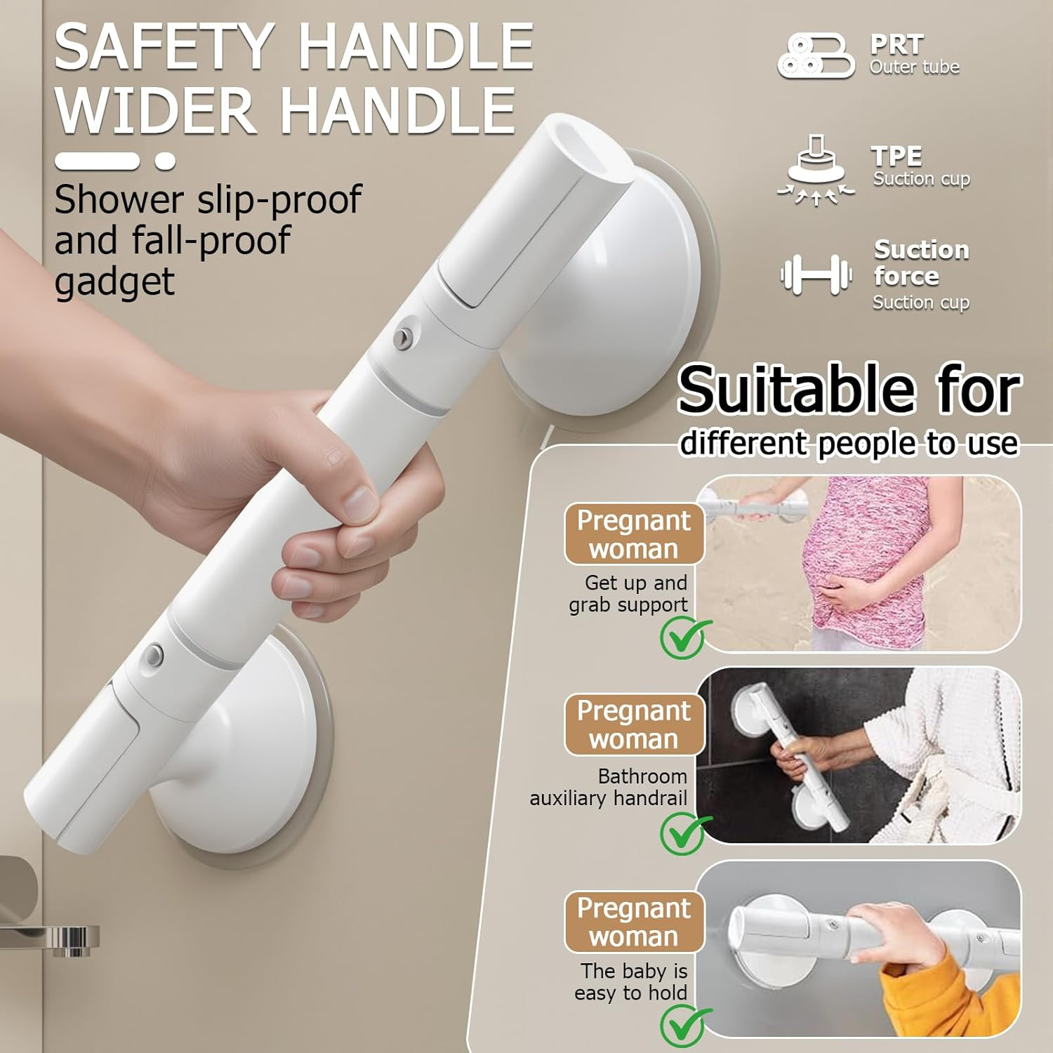 Suction Grab Rails for Shower，Grab Bars for Bathtubs，Suitable for the Elderly, Heavy Duty Safety Grip Handrail, No-Drill Installation Strong Suction, Suitable for Toilet, Shower, Bathtub （2 Pack） image number 5