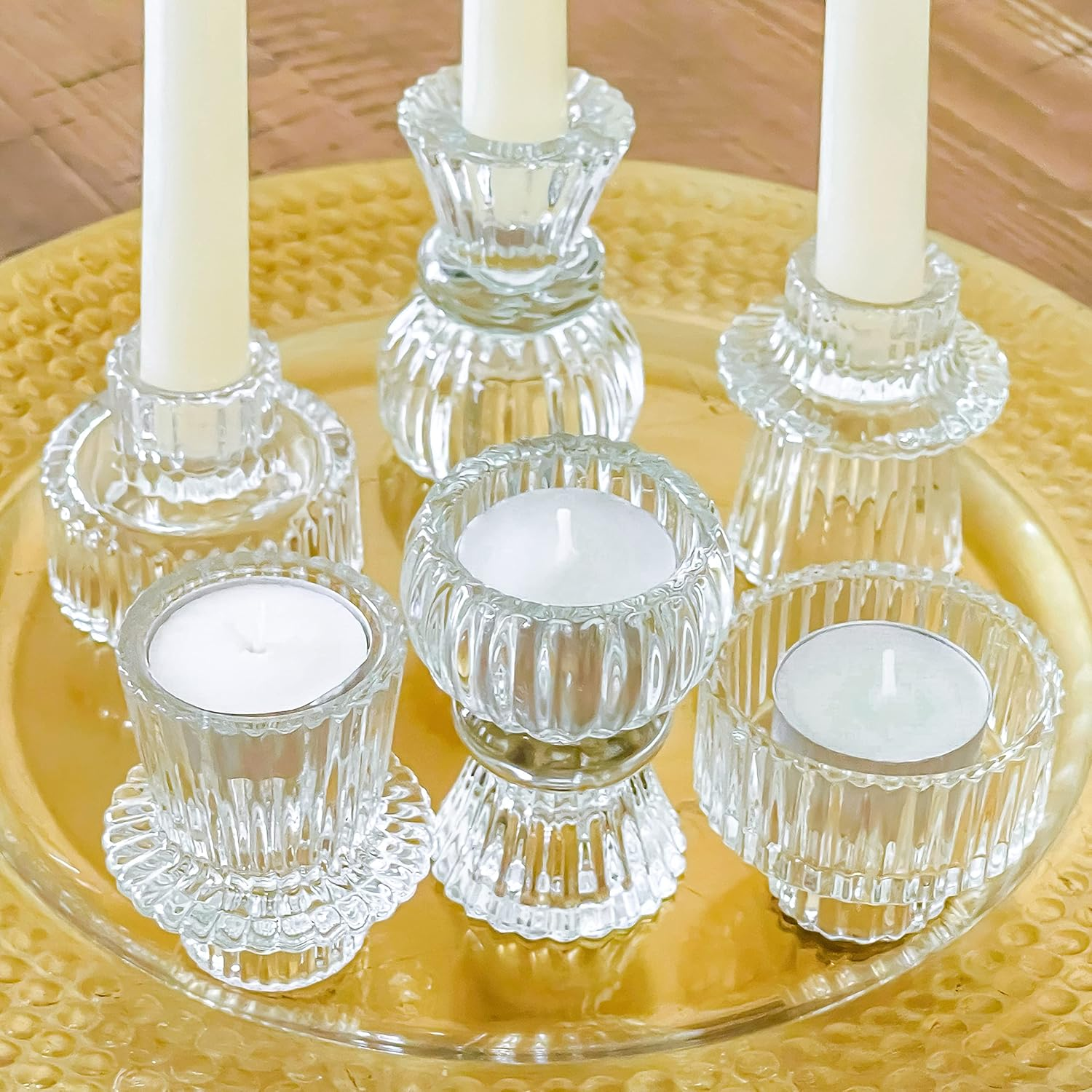 Kate Aspen Vintage Ribbed Rose Gold Pink Glass Candlestick Holders, Pillar Candle, Tealight & Votive Candle Holders (Set of 6, 3 Assorted Sizes), Dining Table Decor, Shelf Decor, Centerpiece
