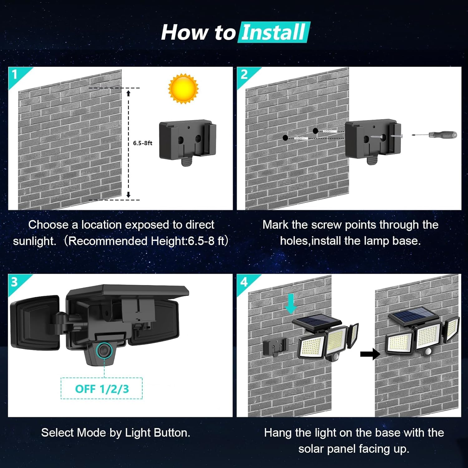 Solar Motion Sensor Light, 208 Leds Security Light, 3 Heads Motion Sensor Lights, IP65 Waterproof, 210&deg; Wide Angle Flood Wall Lights (208 Leds) (208 LED) image number 3