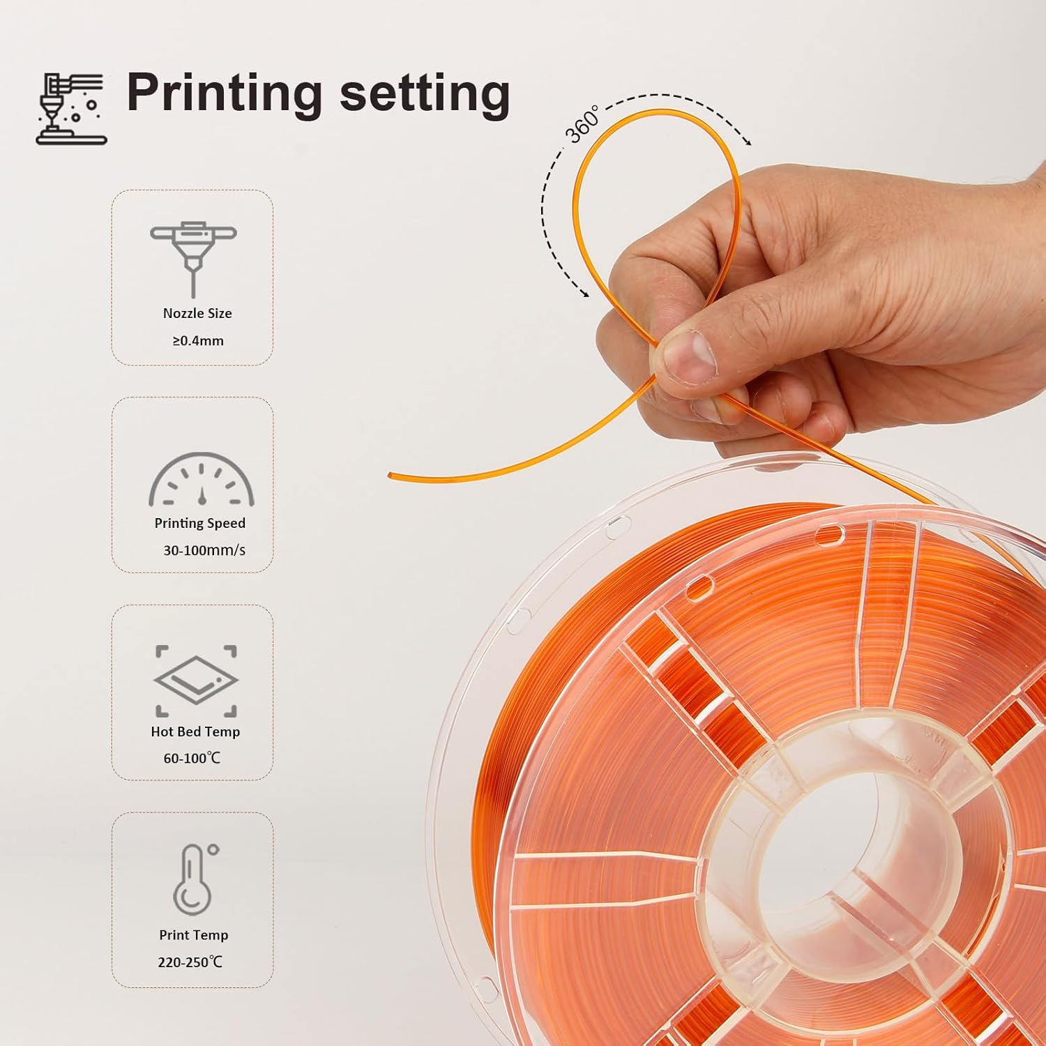 LVVJ3D Transparent Clear PETG 3D Printer Filament, Easy to Print Clear Orange PETG Filament 1.75Mm, Clean Wound Dimensional Accuracy +/-0.03Mm, 1Kg/Spool - Clear Petg Orange image number 5