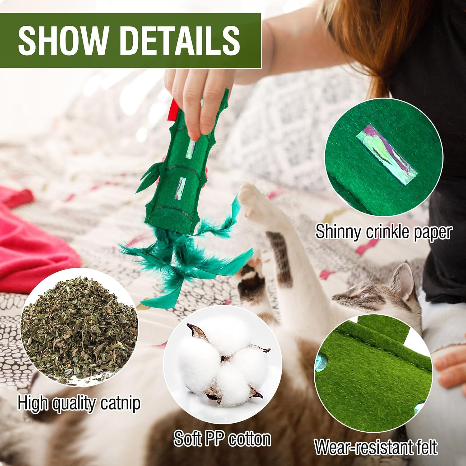 Catnip Toy,3Pcs Cat Chew Toys,Bite Resistant Catnip Toys with Soft PP Cotton and Crinkle Paper Inside,Interactive Cat Feather Toy for Indoor Cats and Kitten image number 5