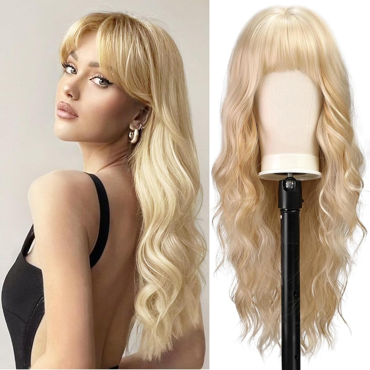 QAUARUMSUN Long Blonde Wig with Bangs 26 Inch Long Curly Wavy Wigs for Women Synthetic Blonde Hair Wigs Natural Looking Daily Cosplay Party Halloween（Wavy） image number 2