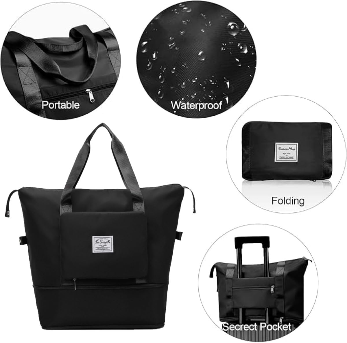 Large Capacity Folding Travel Duffel Bag - Waterproof Lightweight Gym Bag with Wet and Dry Separation, #1 Black, Large image number 4