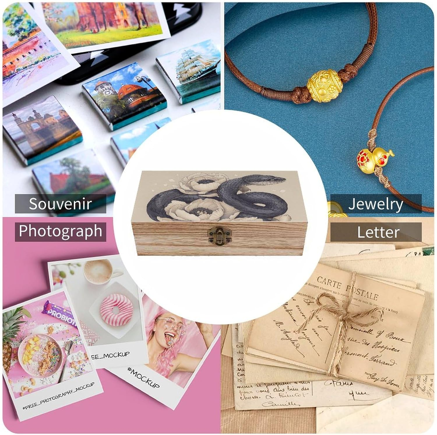 Black Snake and Flower Wooden Box Wood Wedding Keepsake Boxes with Lids Small Decorative Boxes Lightweight Wooden Memory Storage Box for Crafts Keepsakes Jewelry Photo Letter Storage image number 5