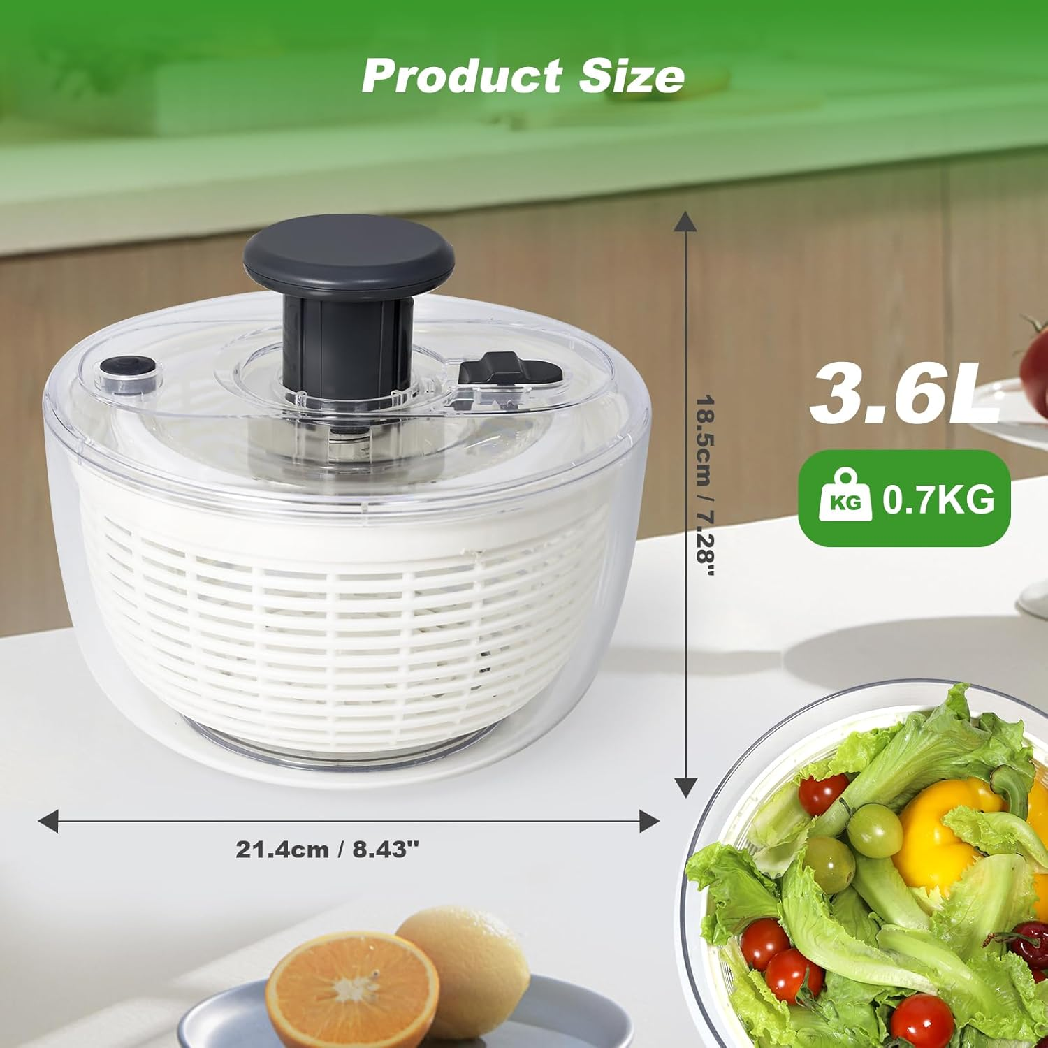 Salad Spinner - 3.6L Non-Slip Vegetable & Fruit Washer/Dryer for Households, Easy-Clean Kitchen Gadget for Greens, Herbs & Vegetables (White) image number 5