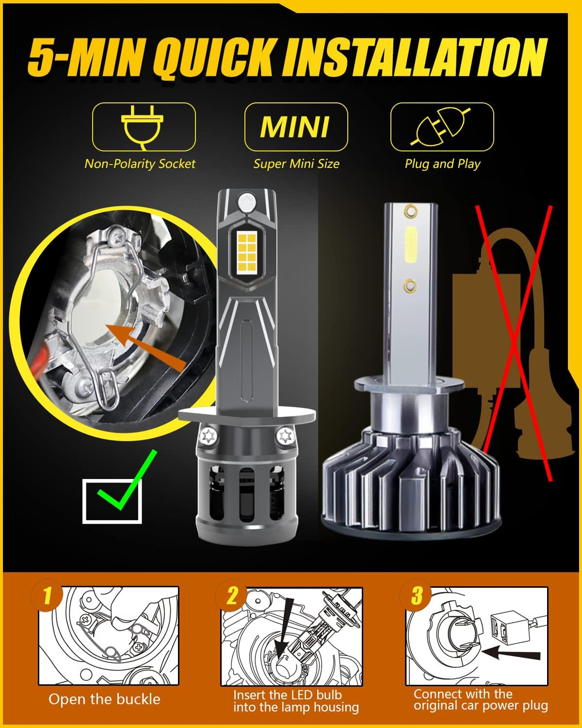 KATUR H1 LED Headlight Bulbs, 400% Brightness 16000LM 6000K Xenon White 1:1 Mini Size All-In-One Conversion Kit Non-Polarity No Adapter Required Plug and Play H1 LED Fog Light Bulb, Pack of 2 image number 3