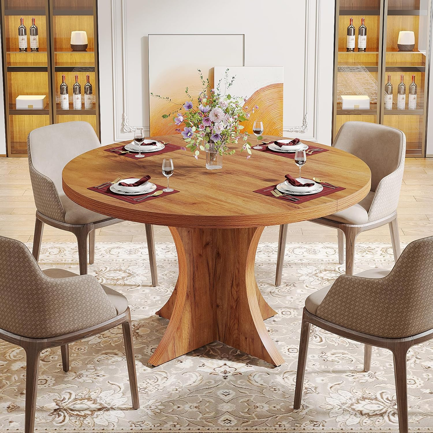 Tribesigns 120Cm round Dining Table for 4-6, Farmhouse Kitchen Table, Wood Dining Table with Pedestal Base, Small Dinner Table for Dining Room,Living Room, Small Space, Brown image number 6