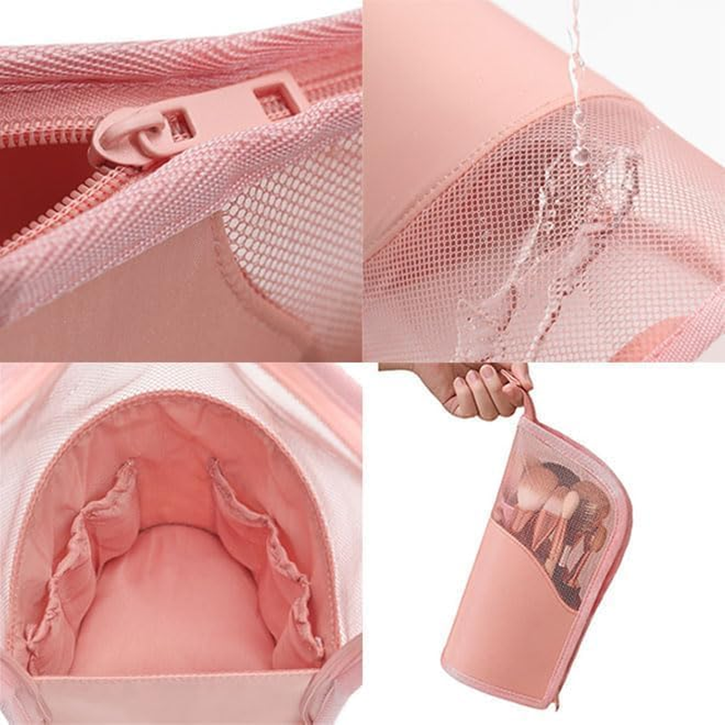 Fokmuaex Stand-Up Makeup Brush Storage Organizer Bag &ndash; Waterproof Dust-Free Travel Holder for Brushes & Cosmetics (Pink) image number 2