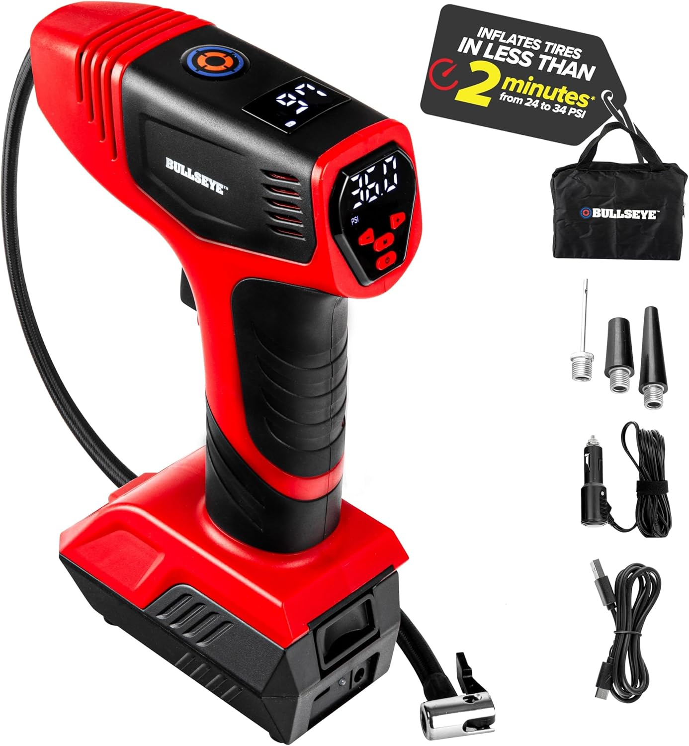 Bullseye Pro Tire Inflator Portable Air Compressor, Car Tire Inflator Portable, Portable Air Pump for Car Tires - 150PSI, 12V DC 1500 Mahs with Tire Pressure Gauge, Rechargeable as Seen on TV (Red) image number 3
