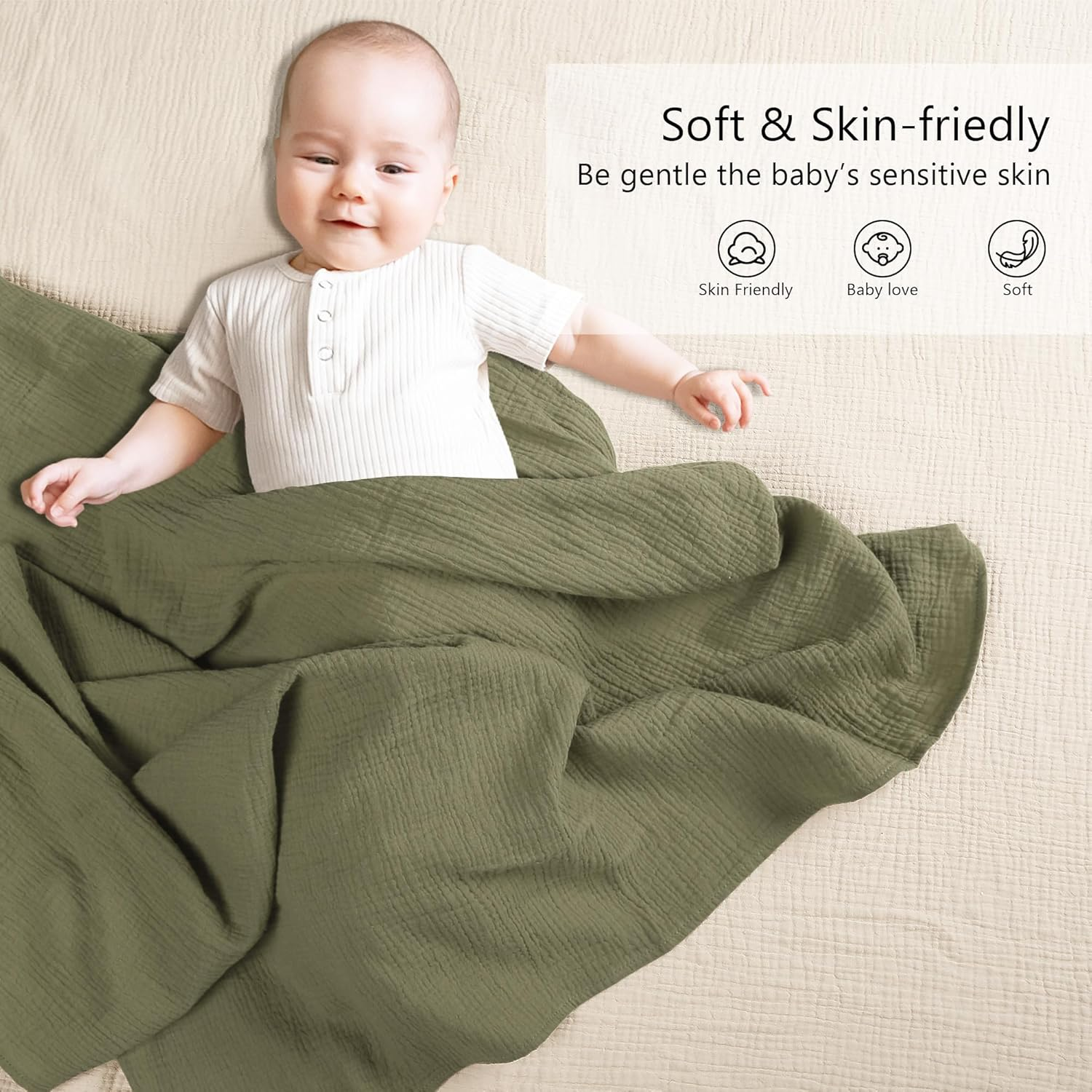 Susurration Muslin Swaddle Blanket Baby,100% Cotton Baby Receiving Blanket Soft Thin Baby Swaddle Blanket for Unisex Newborn 40X40In 2Pack (Dark Green) image number 3