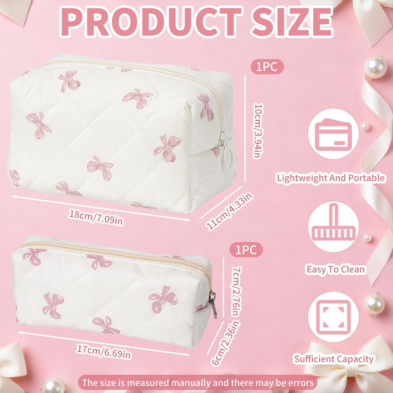 Pack of 2 Cosmetic Bags, Butterfly Knot Pattern Make up Bag with Zip, Soft Cotton Material Makeup Bag, Toiletry Bag for Women, Travel, Everyday, School (Cream White)