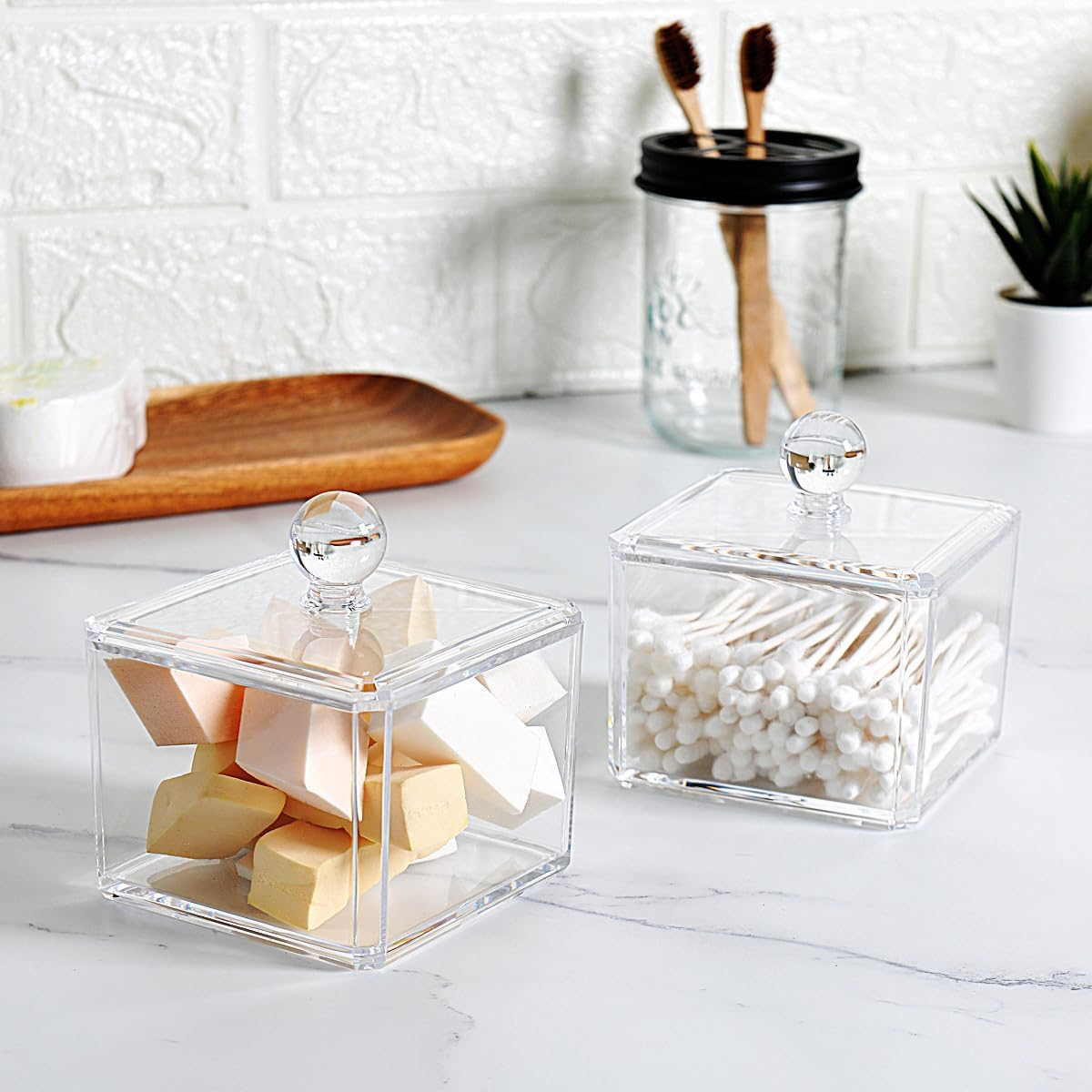 Modern Square Qtip Holder Acrylic Bathroom Vanity Countertop Storage Organizer Canister Jar for Cotton Swabs, Rounds, Balls, Makeup Sponges, Bath Salts - 1 Pack - Clear image number 6
