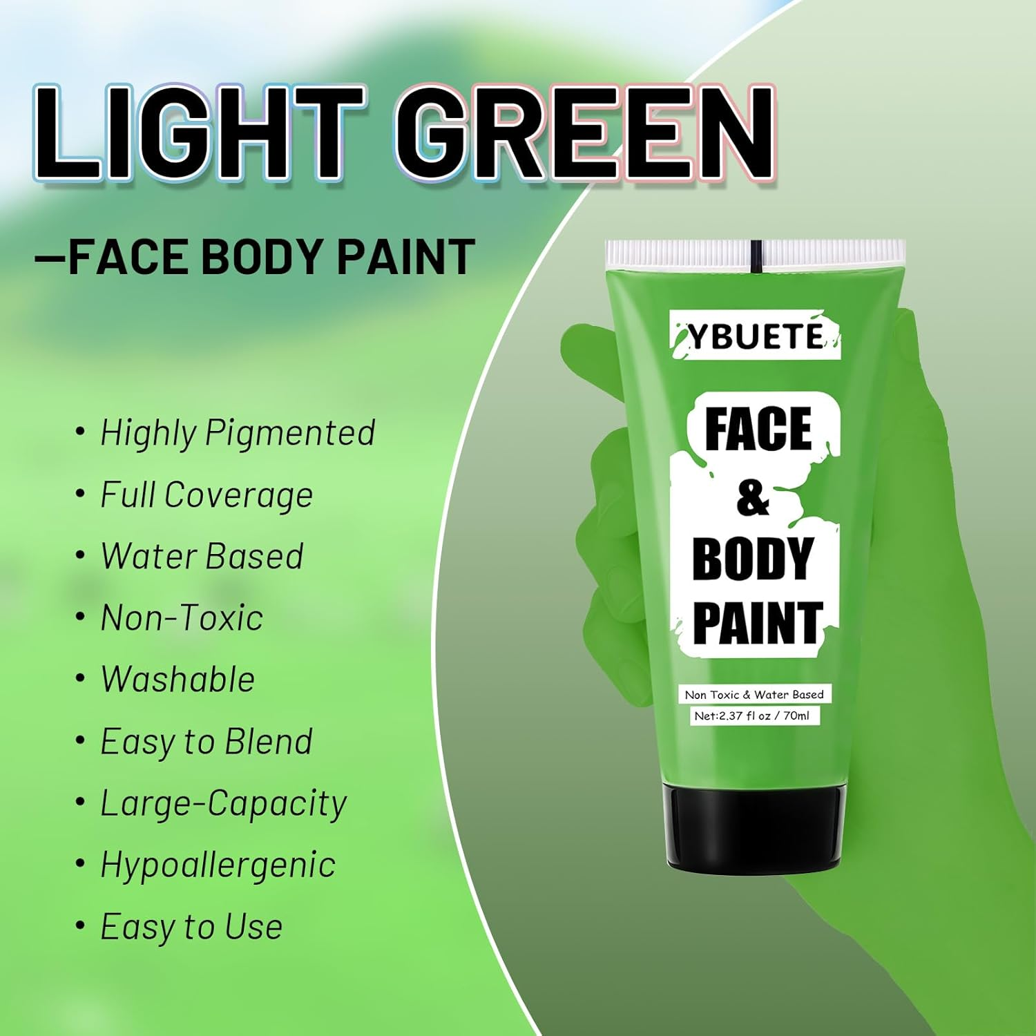 YBUETE Light Green Water Based Face Body Paint for St. Patrick&rsquo;S Day,2.37 OZ Large Tube Full Coverage Face Paint for Cosplay Monster Hulk Witch,Washable Green Body Painting Adult Halloween SFX Makeup