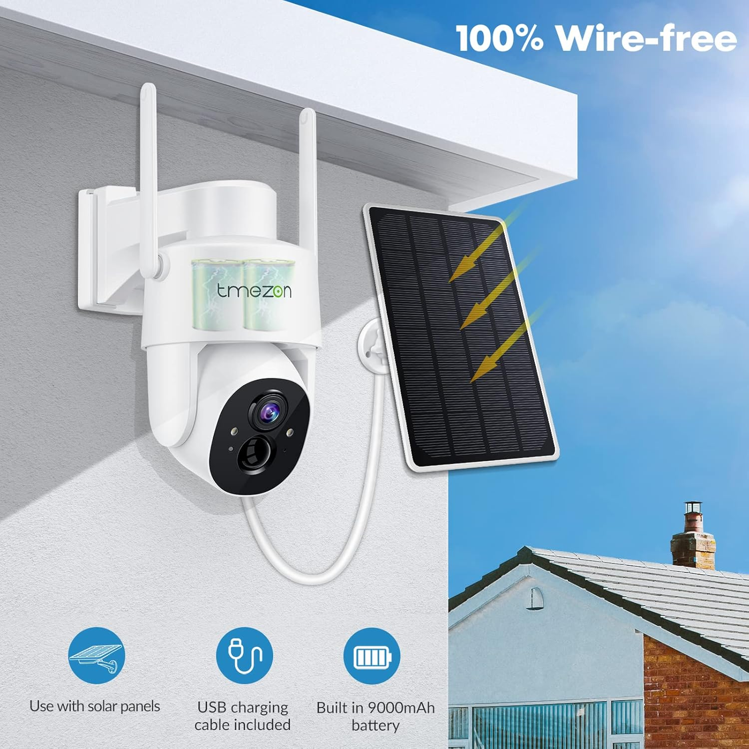 Solar Powered Security Camera TMEZON Outdoor Wireless 360&deg; PTZ Camera for Home Surveillance with 3MP Night Vision Pan Tilt Solar Powered, Motion Detection Record 2.4Ghz Wifi Vicohome App image number 6
