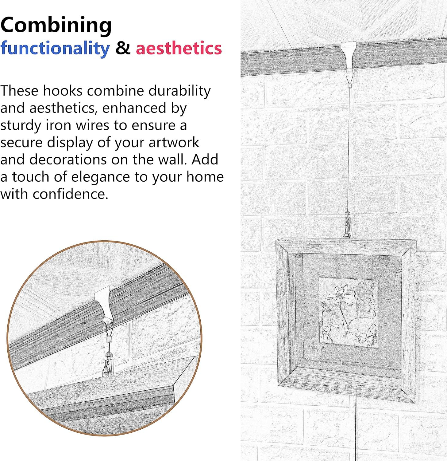 Picture Hanging Kit &ndash; Picture Rail Hooks with 12 of Each White Rail Hooks, 72 Inch Invisible Loop Cord, 12 Adjustable Hooks &ndash; Stainless Steel Picture Molding Hangers Nylon and Steel Cable