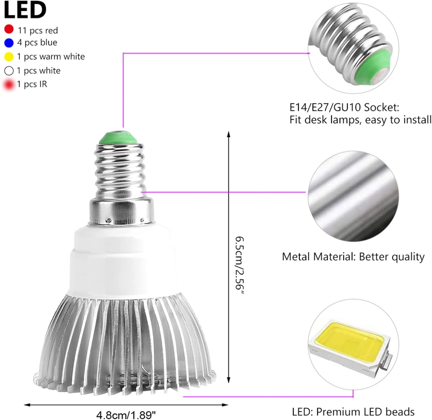 Domary 18W 18 LED Grow Light Bulb, High-Quality Aluminum Material, Enhancing Plant Growth, for Indoor Gardening, Family Balcony Seedling Breeding (E14) image number 2