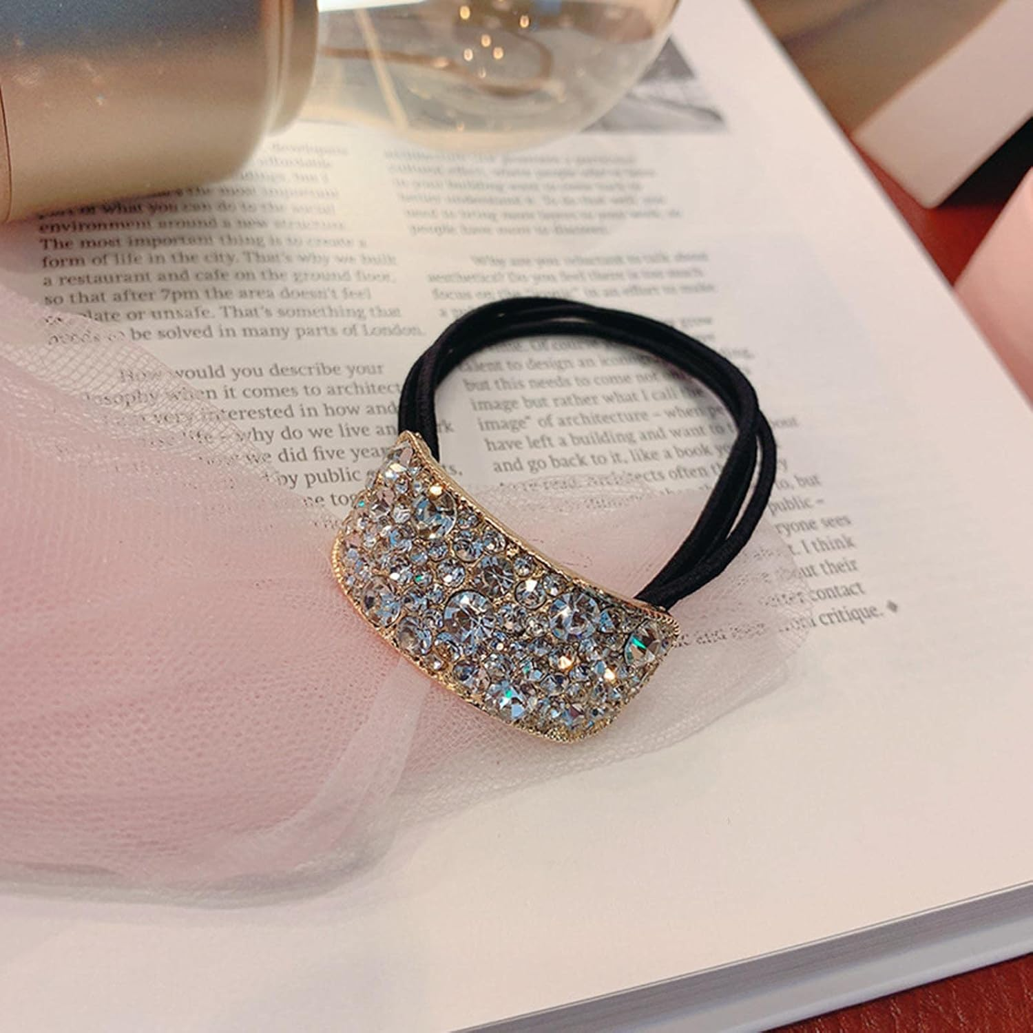 Wendalern Boho Rhinestone Ponytail Holder Cuffs Geometric Elastic Scrunchies Gold Crystal Ponytail Hair Tie Band Luxury Ponytail Hairband Ring Hair Accessories for Women and Girls image number 5