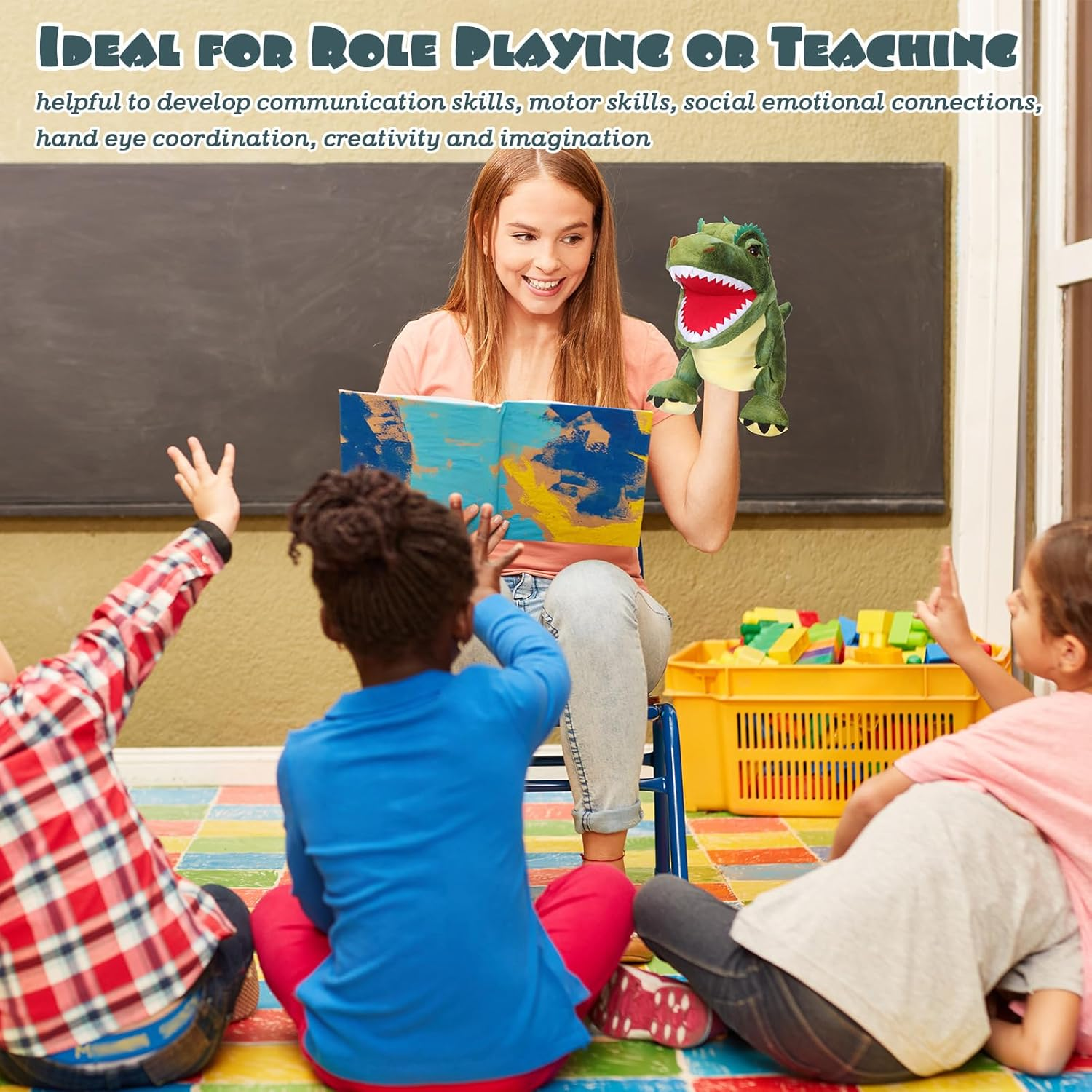 Silipull 3 Pieces Dinosaur Hand Puppets 12 Inch Plush Stuffed Animals Puppet Dinosaur Soft Toys for Animal Storytelling, Teaching, Preschool, Role Play (Tyrannosaurus, Triceratops, Dilophosaurus) image number 4