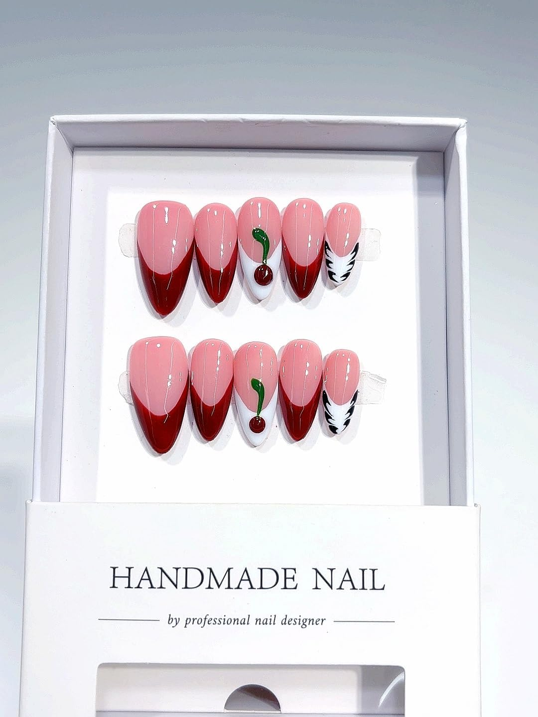 Handmade Nail Press-On Nails, Pink and Red French Tips with Cherry Design, Professional Salon Quality, 10 Piece Set (B112, Long)