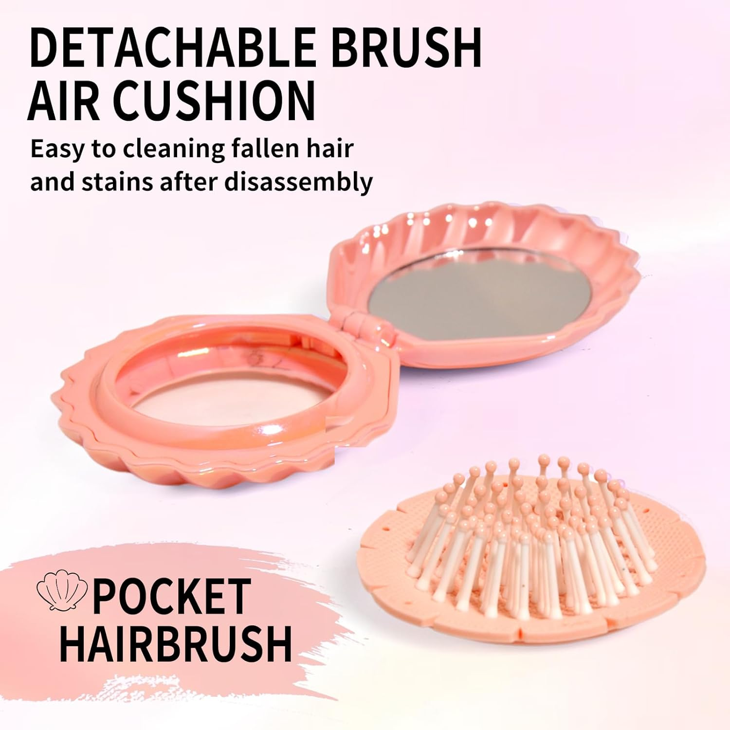 Maji Mama Foldable Travel Hair Brushes with Mirror Shell Shape Portable Folding Pocket Hair Brush Mini Hair Comb Compact Size Hair Massage Comb (Pink) - Pink image number 2