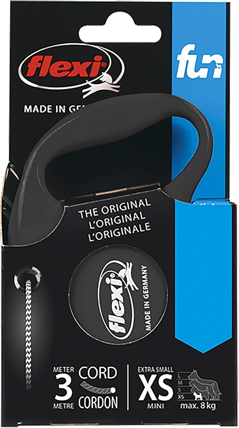 Flexi Fun Retractable Dog Lead, Black, 3M Cord, Extra Small, for Dogs under 8Kg