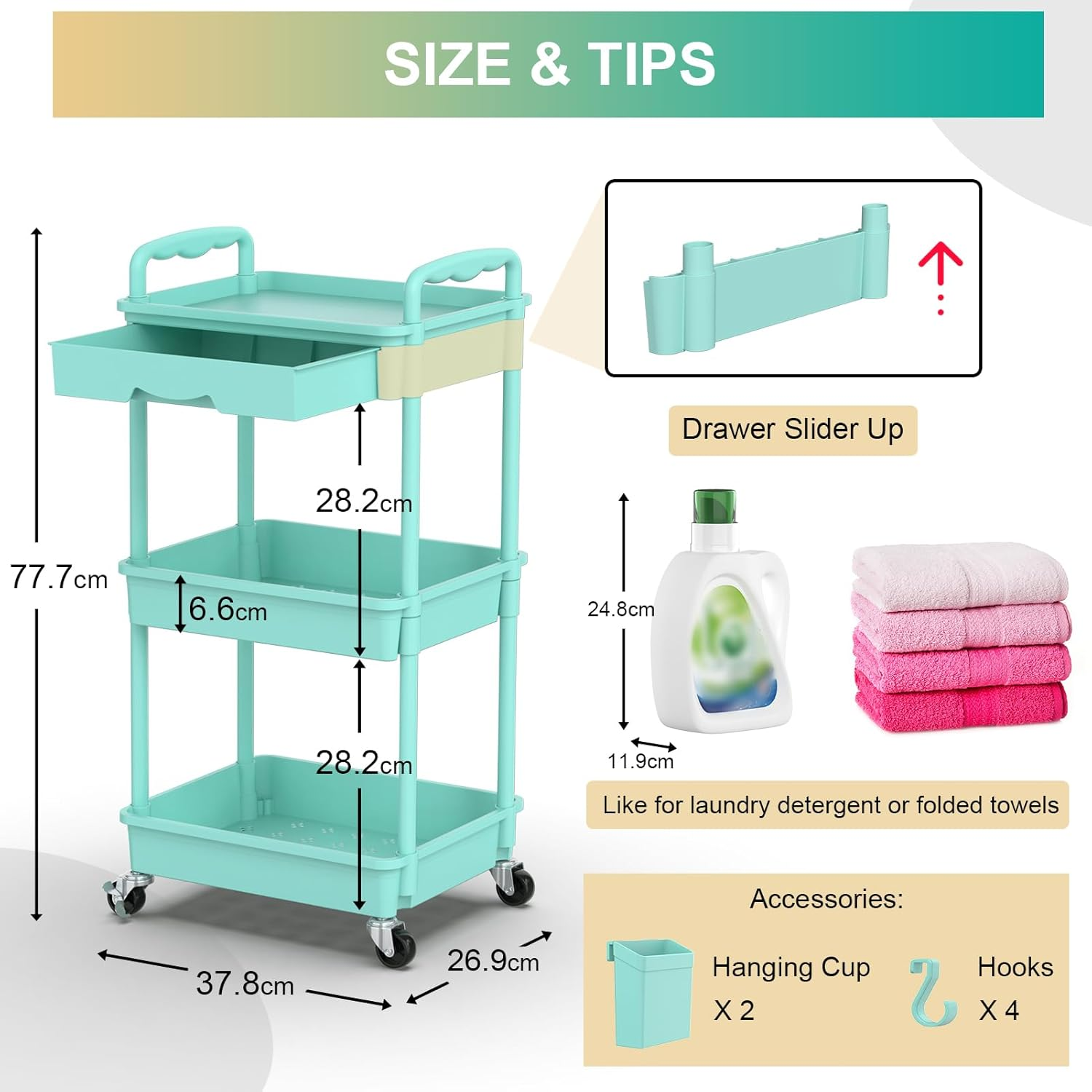 Yeabett 3 Tier Craft Trolley, Storage Trolley on Wheels Utility Cart with Drawer for Kitchen, Bathroom, Office, Living Room, Blue image number 4