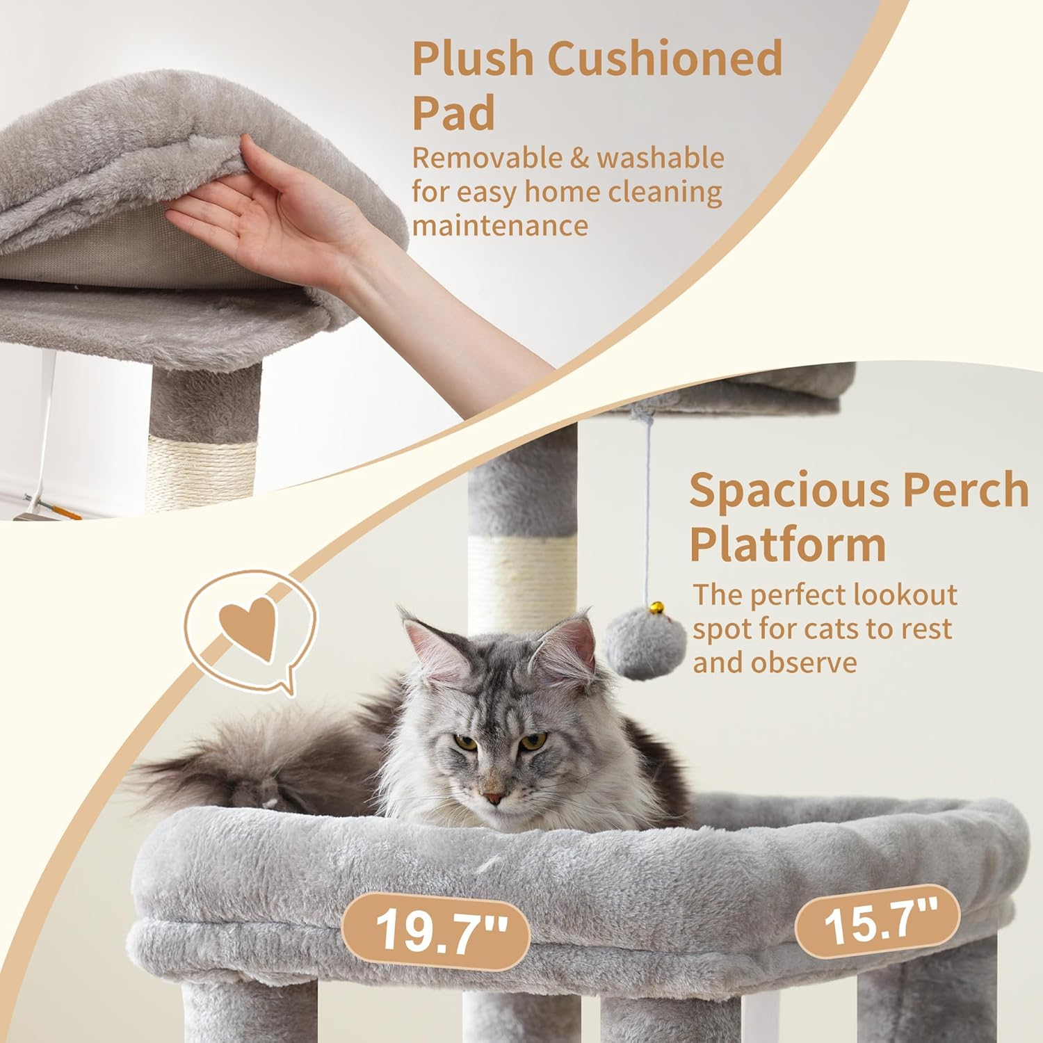 Heybly Cat Tree, 180Cm Tall Cat Tower for Large Maine Coon Cats with Extra-Large Baseboard, Cat Condo Furniture with Multi-Level Platforms, 2 Hammocks and 12 Scratching Posts, Light Gray HCT037W image number 1