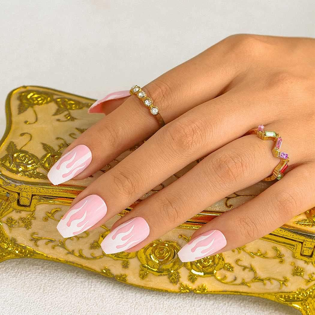 Sethexy Flame False Nail Medium Ballerina False Fingernails Pink Press on Nails Pack of 24 Shiny Acrylic Nails for Women and Girls image number 4