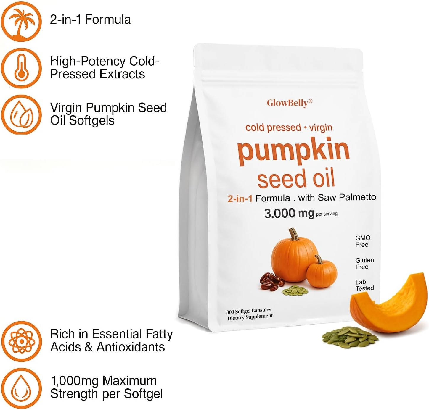 Pumpkin Seed Oil + Saw Palmetto | Cold Pressed Virgin Oil 3000Mg | 300 Softgels | Non-Gmo, Gluten Free by Glowbelly
