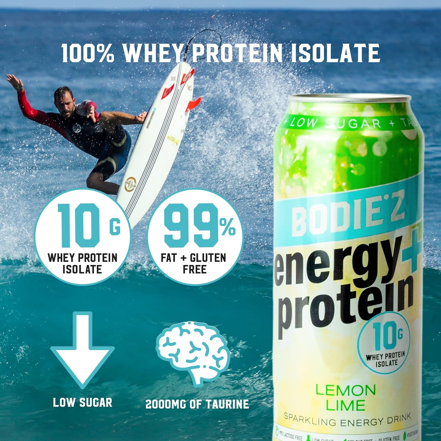 BODIE&rsquo;Z Whey Protein Energy Drink - 10G Protein Powder Water with 200Mg Taurine and 160Mg Caffeine for Focus and Performance, Low Sugar Clear Protein Water, 500Ml Lemon Lime 6 Pack image number 1