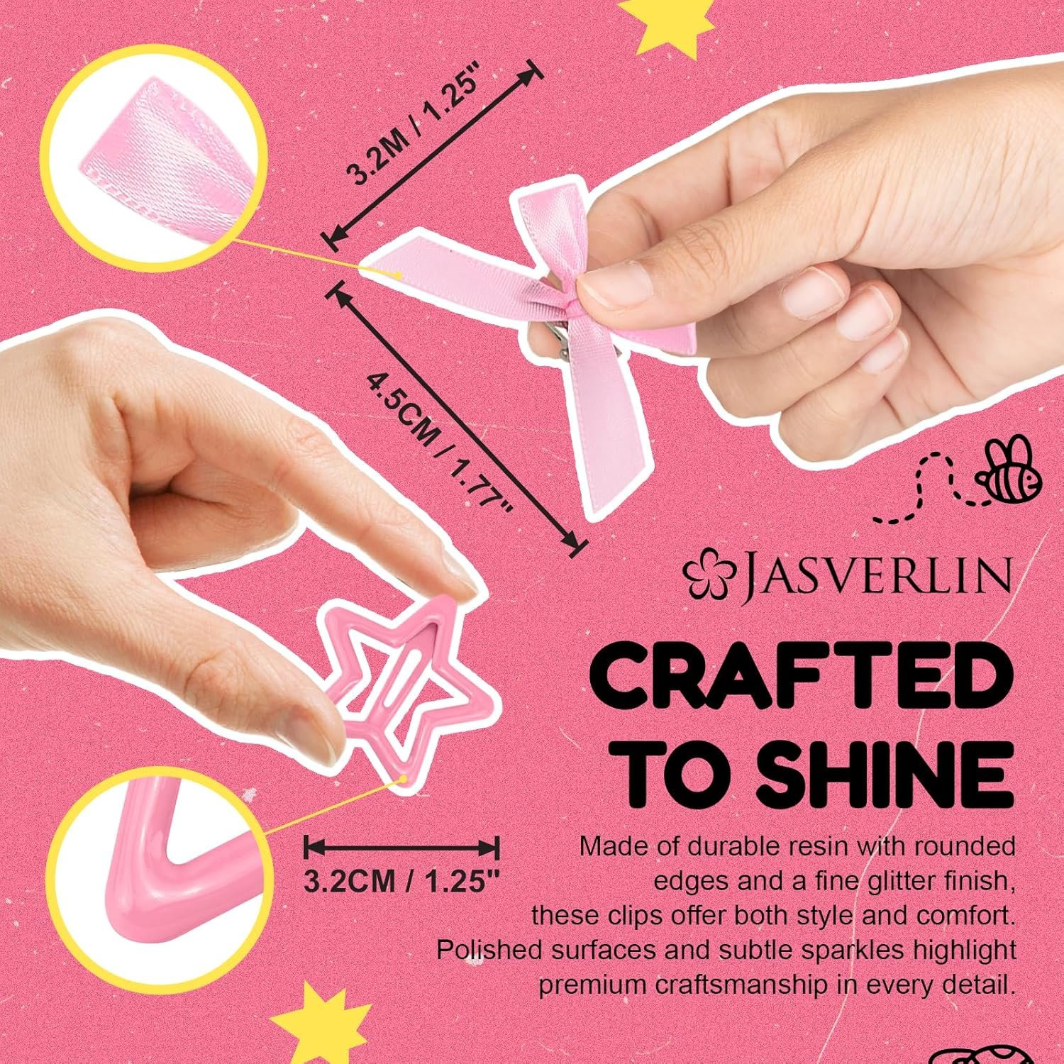 JASVERLIN 60Pcs Star Hair Clips & Mini Bows Y2K Accessories Set, Cute Bowknot Goth Snap Clip Hair Barrettes, 2000S Small Satin Bows for Women Girls (Pink Mixed Color) image number 1