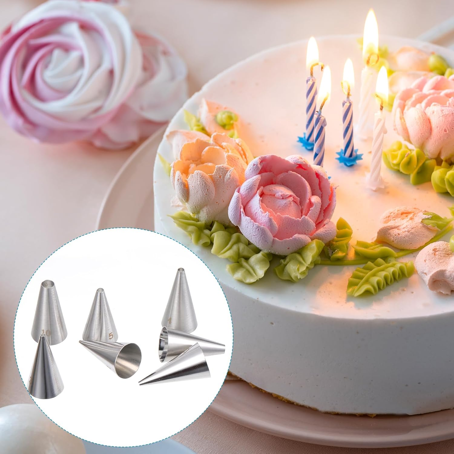 LXUEJIE 7 Pcs round Hole Piping Tips Set, Stainless Steel Cupcake Frosting Nozzles Professional Icing Dispensers Supplies Cake Decorating Tool for Baking Cookies Puff Doughnut Cream Bag Filler