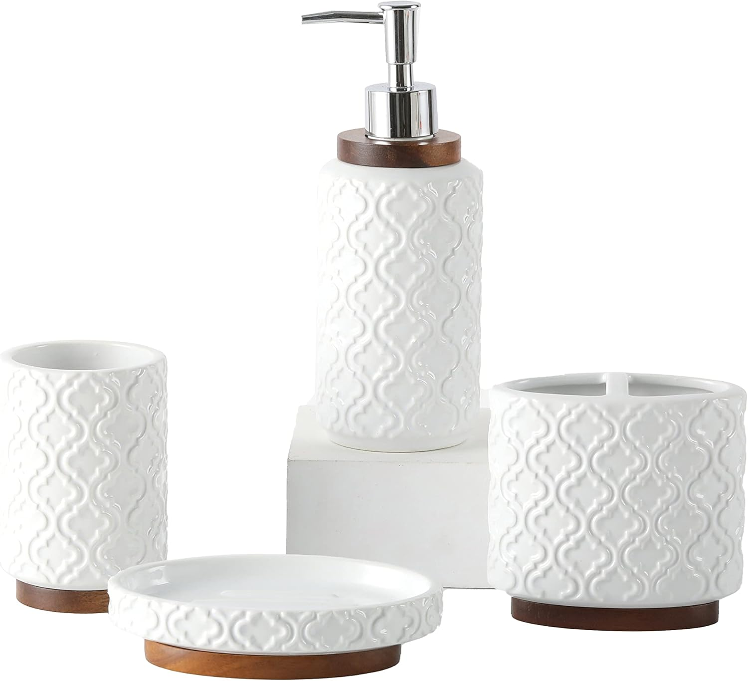 RQYIXI Embossed Ceramic Bathroom Accessory Set with Dark Brown Burnt Wood, Moroccan Trellis Patterns Soap Dispenser Set for Counter Top White Bathroom Set(Moroccan Trellis)