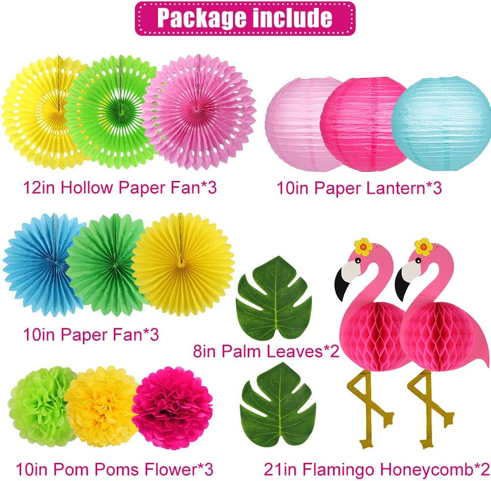 Zilue Flamingo Party Decorations Hawaiian Party Supplies Flamingo Honeycomb Ball Paper Lanterns Tissue Paper Fan for Luau Tropical Birthday Party Summer Decor
